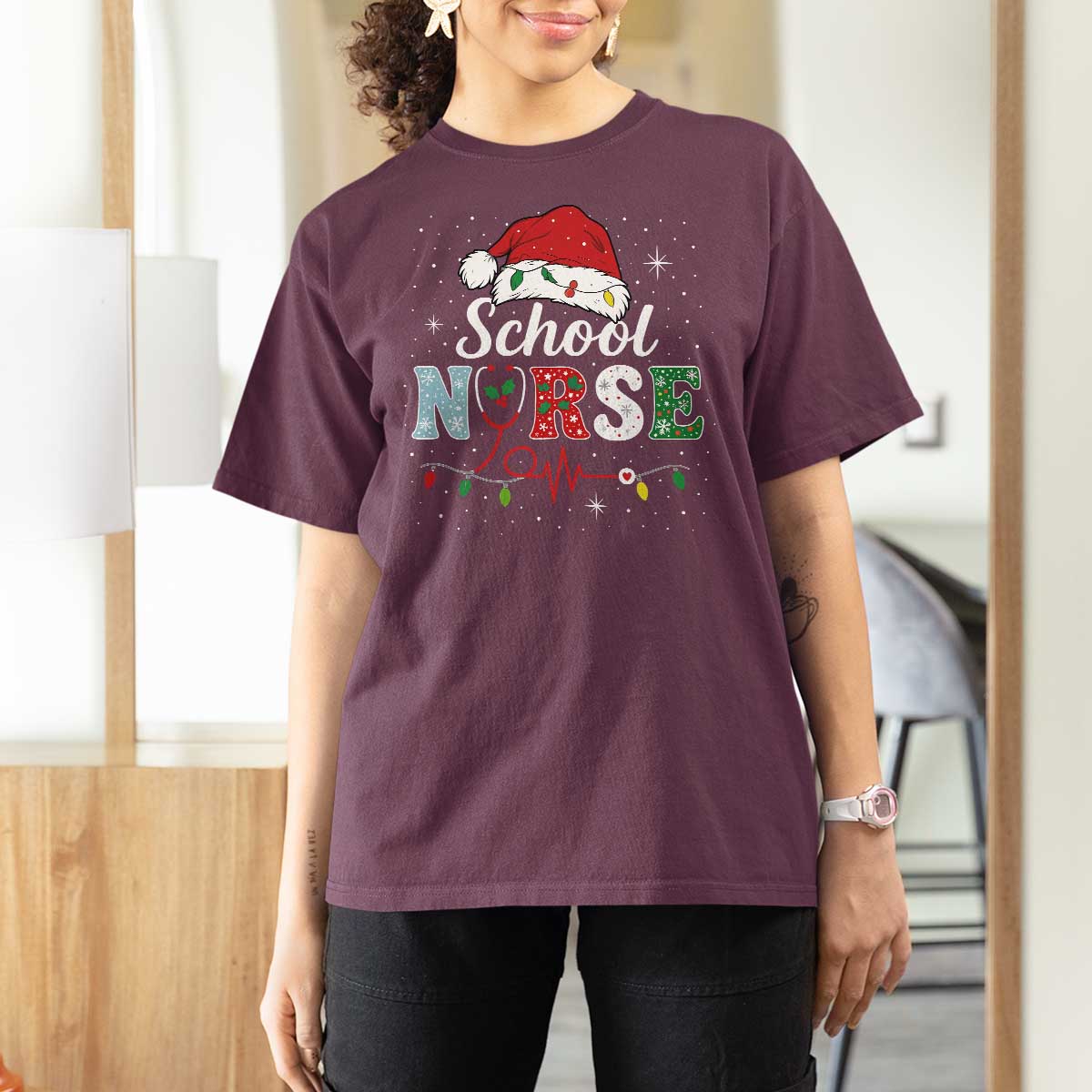 Christmas School Nurse T Shirt For Women Xmas Lights Red Santa Hat Crew Nurse - Wonder Print Shop