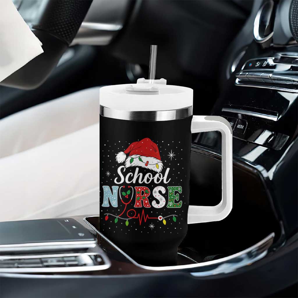 Christmas School Nurse Tumbler With Handle Xmas Lights Red Santa Hat Crew Nurse - Wonder Print Shop