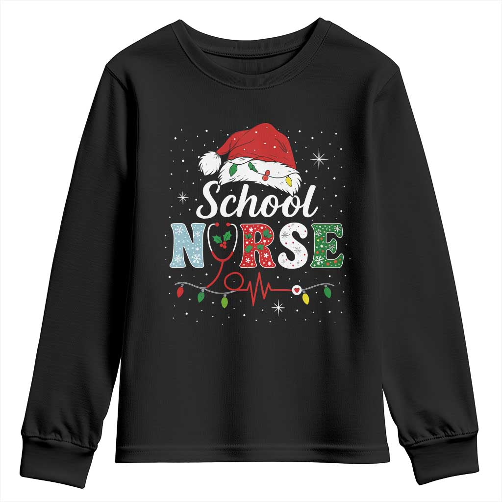 Christmas School Nurse Youth Sweatshirt Xmas Lights Red Santa Hat Crew Nurse - Wonder Print Shop