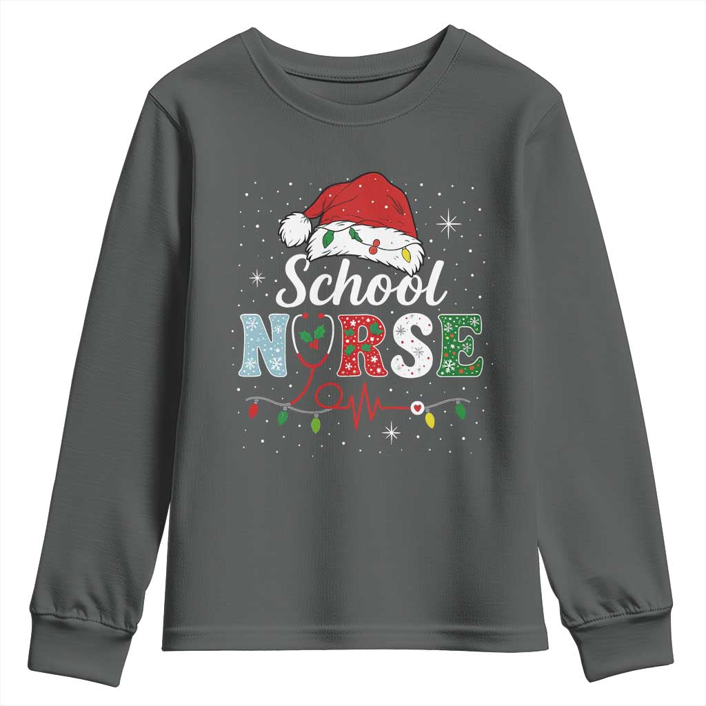 Christmas School Nurse Youth Sweatshirt Xmas Lights Red Santa Hat Crew Nurse - Wonder Print Shop