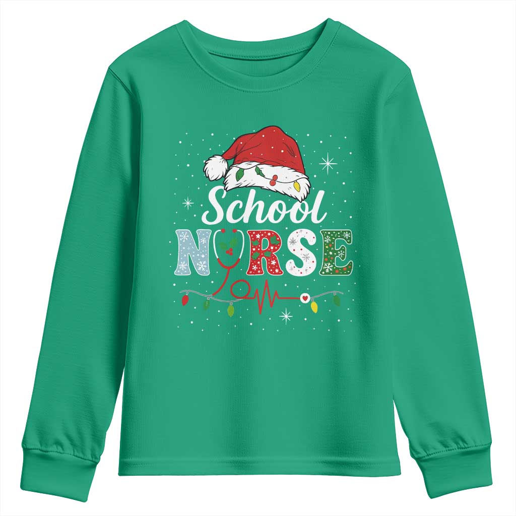 Christmas School Nurse Youth Sweatshirt Xmas Lights Red Santa Hat Crew Nurse - Wonder Print Shop