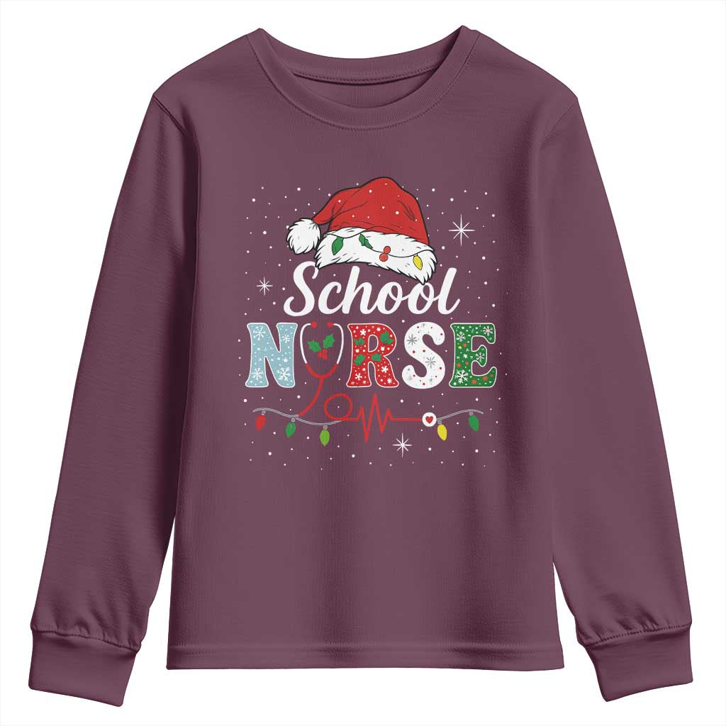 Christmas School Nurse Youth Sweatshirt Xmas Lights Red Santa Hat Crew Nurse - Wonder Print Shop