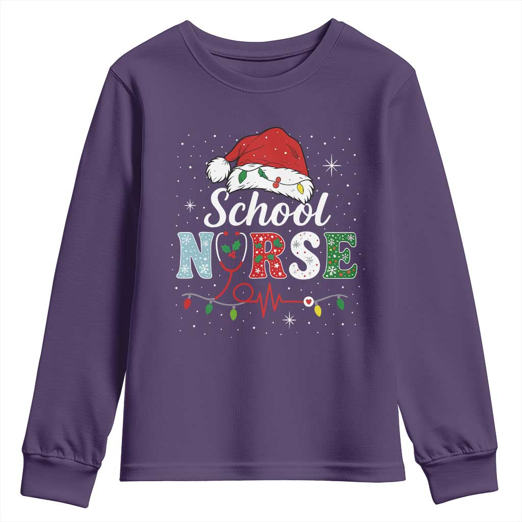 Christmas School Nurse Youth Sweatshirt Xmas Lights Red Santa Hat Crew Nurse - Wonder Print Shop