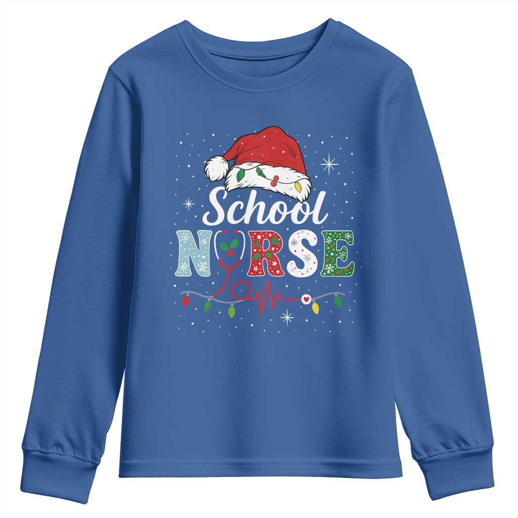 Christmas School Nurse Youth Sweatshirt Xmas Lights Red Santa Hat Crew Nurse - Wonder Print Shop