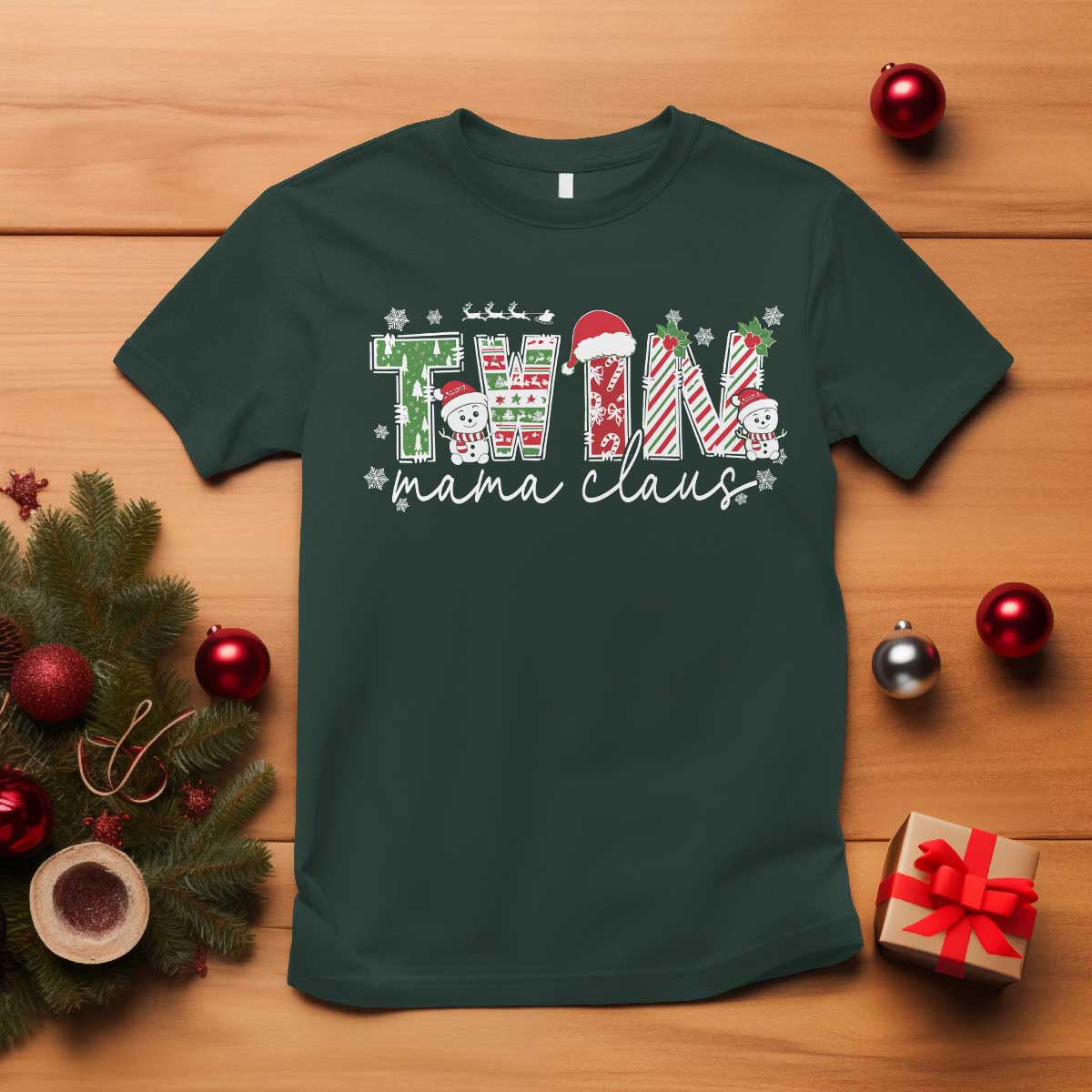 Christmas Twin Mama Claus T Shirt Pregnancy Announcement - Wonder Print Shop