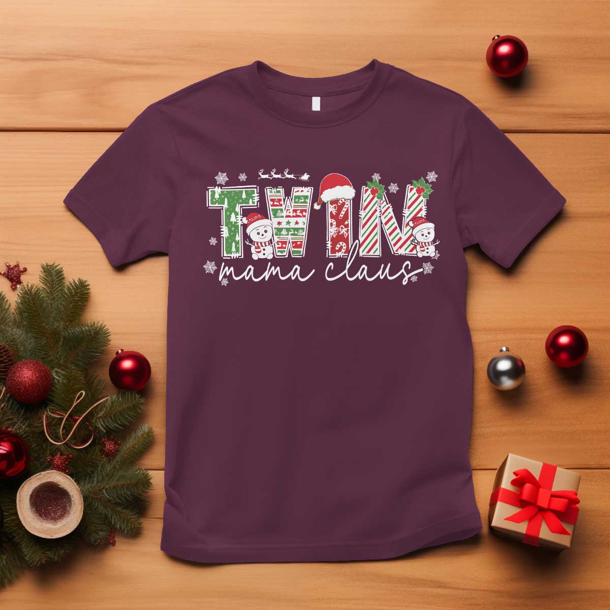 Christmas Twin Mama Claus T Shirt Pregnancy Announcement - Wonder Print Shop