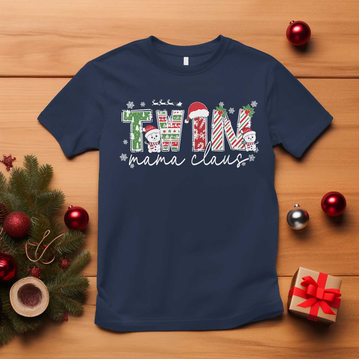 Christmas Twin Mama Claus T Shirt Pregnancy Announcement - Wonder Print Shop