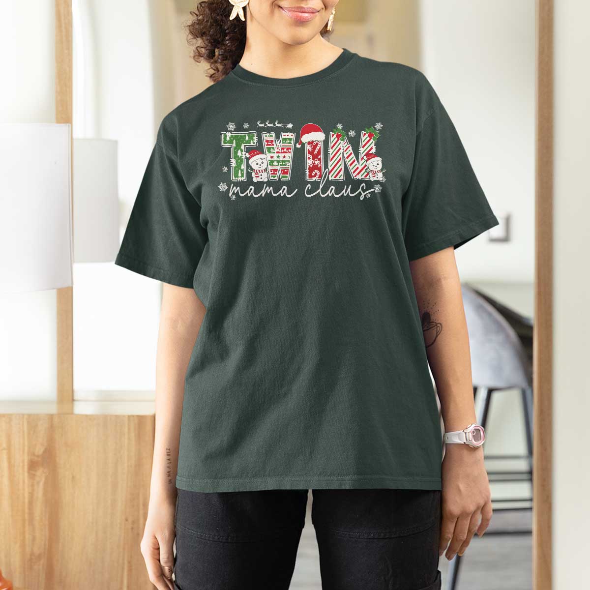 Christmas Twin Mama Claus T Shirt For Women Pregnancy Announcement - Wonder Print Shop