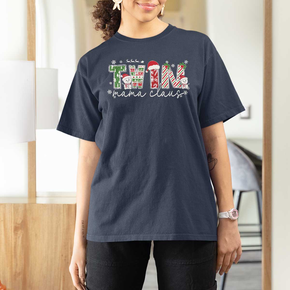 Christmas Twin Mama Claus T Shirt For Women Pregnancy Announcement - Wonder Print Shop