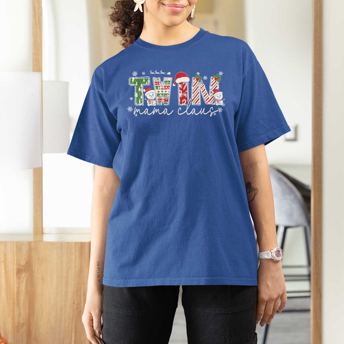 Christmas Twin Mama Claus T Shirt For Women Pregnancy Announcement - Wonder Print Shop