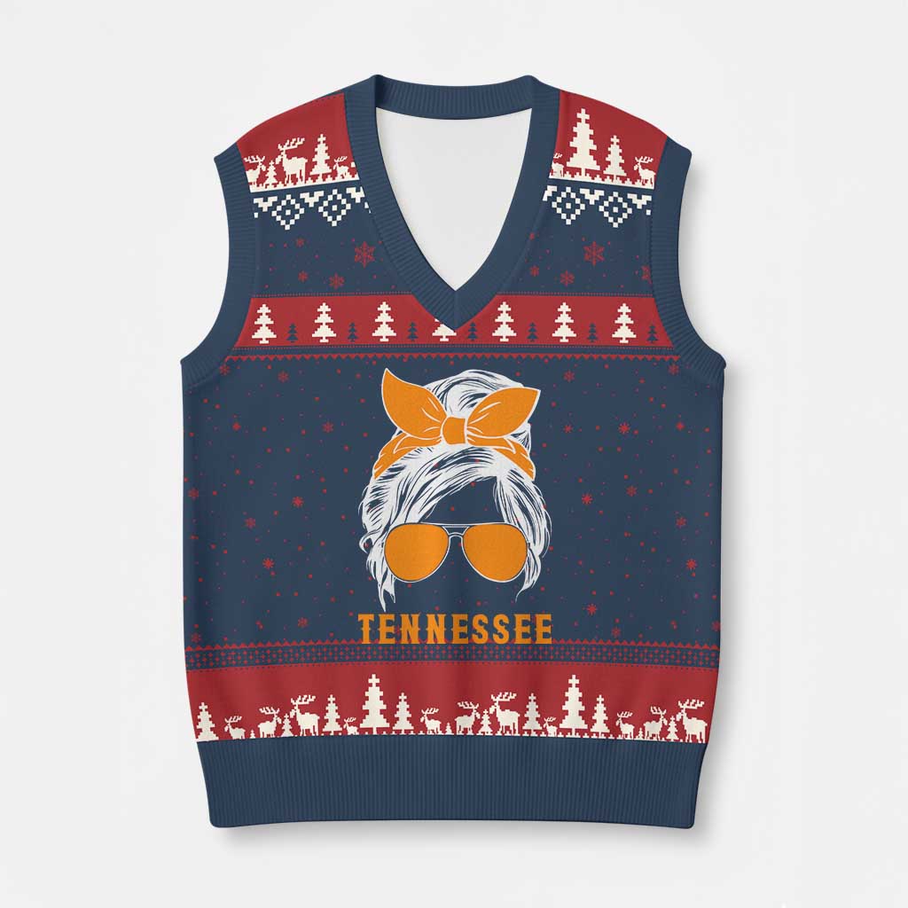 Tennessee Fan V-Neck Knit Sweater Vest Volunteers College Football Lover Game Day Messy Bun - Wonder Print Shop