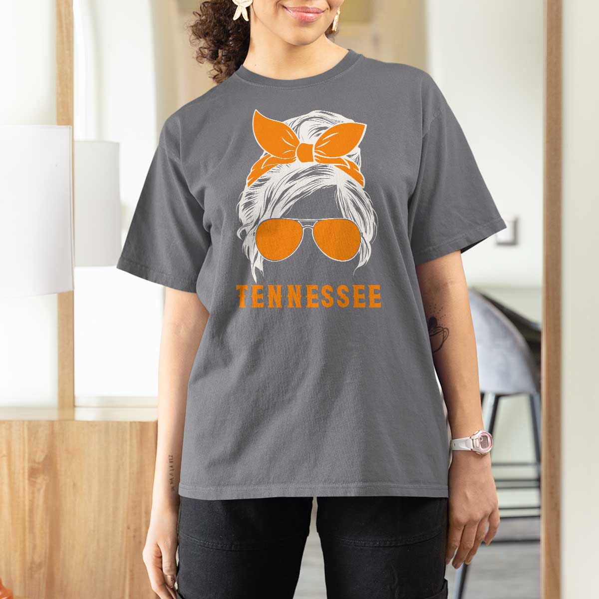 Tennessee Fan T Shirt For Women Volunteers College Football Lover Game Day Messy Bun - Wonder Print Shop