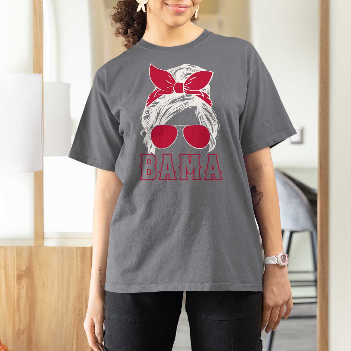 Alabama Fan T Shirt For Women Bama Football Lover Game Day Messy Bun - Wonder Print Shop