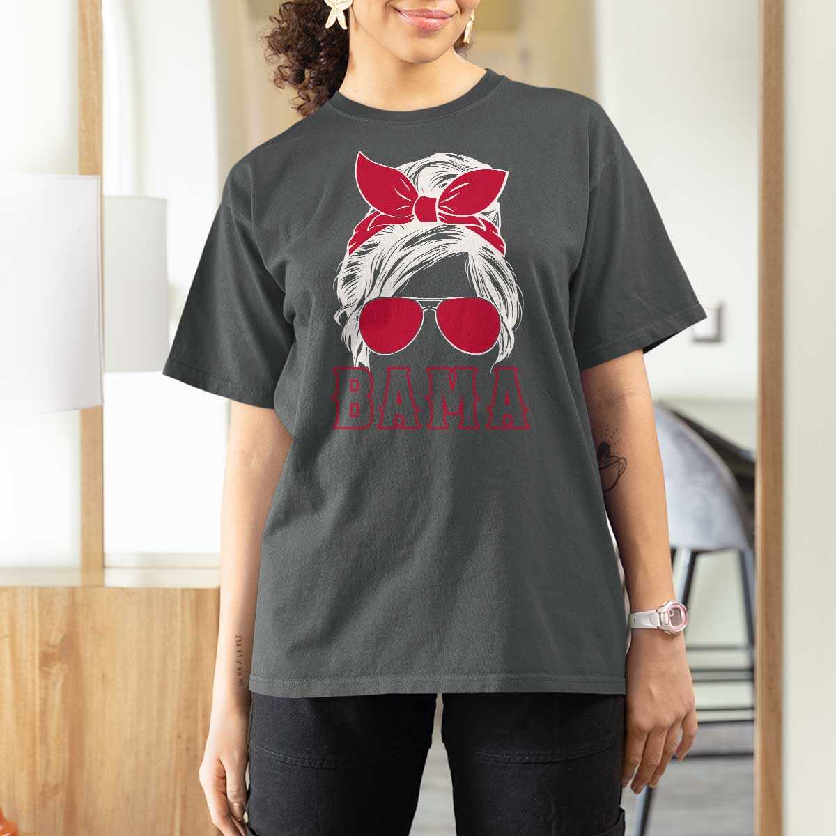 Alabama Fan T Shirt For Women Bama Football Lover Game Day Messy Bun - Wonder Print Shop
