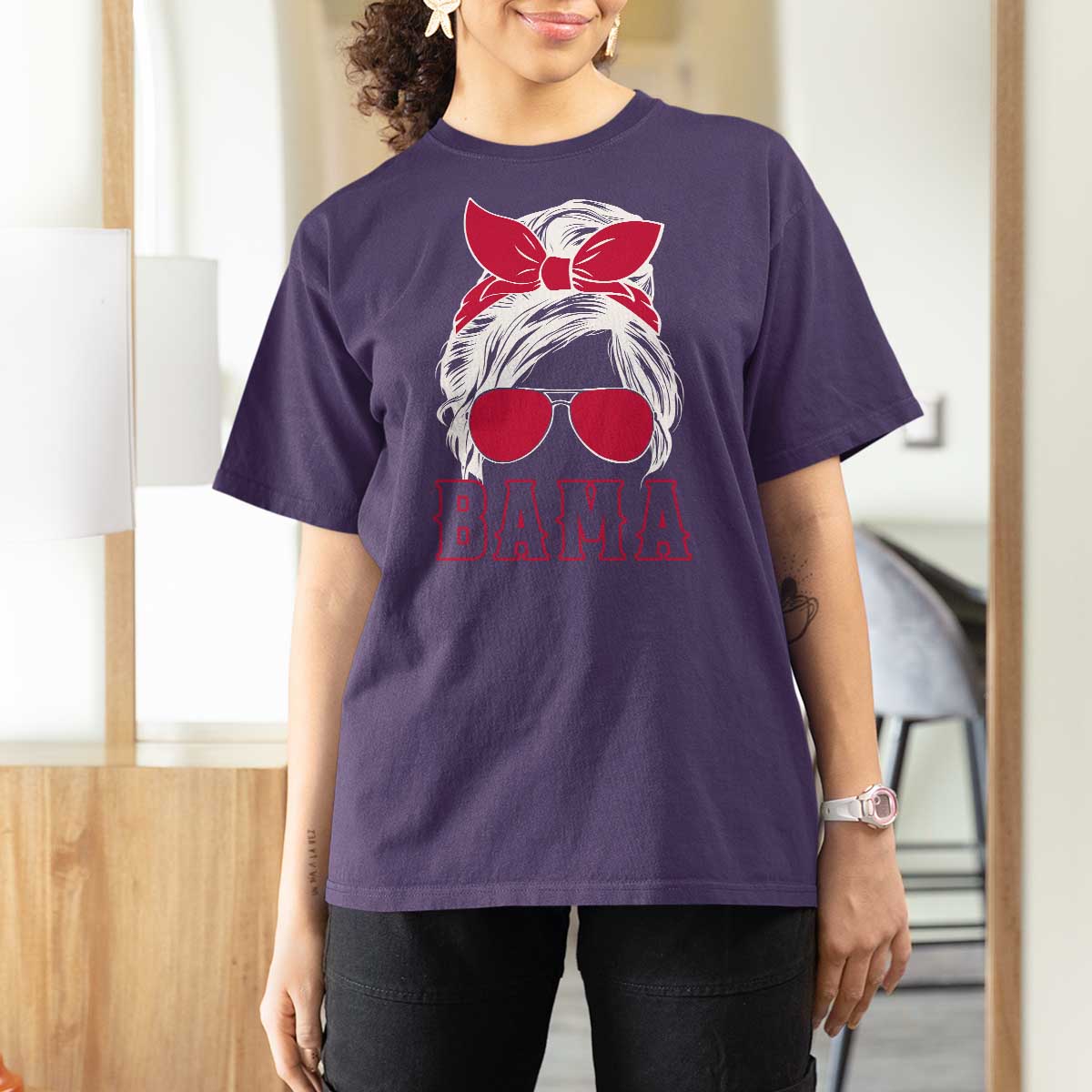 Alabama Fan T Shirt For Women Bama Football Lover Game Day Messy Bun - Wonder Print Shop