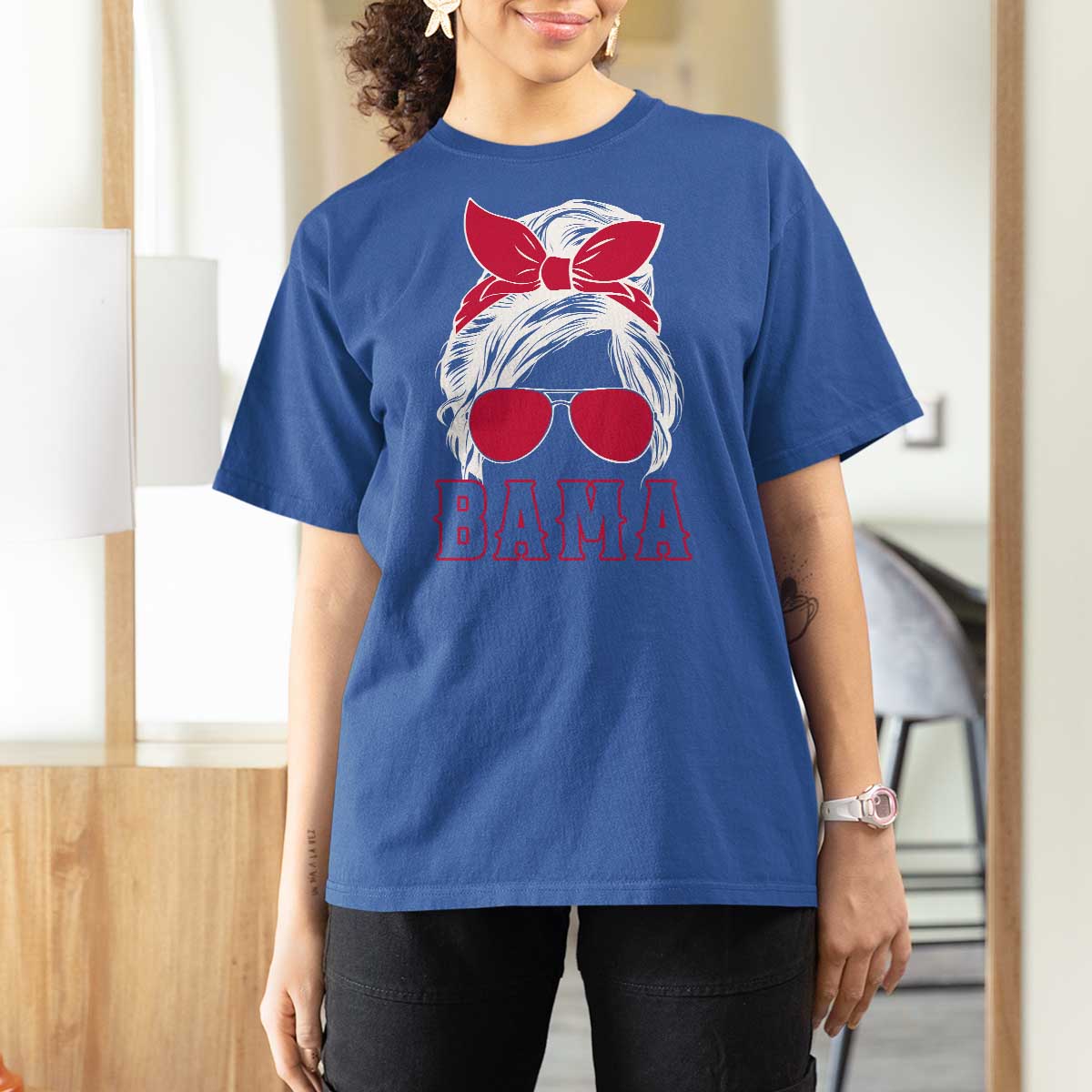Alabama Fan T Shirt For Women Bama Football Lover Game Day Messy Bun - Wonder Print Shop