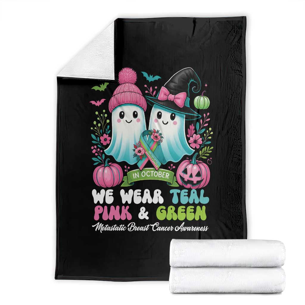 Metastatic Breast Cancer Awareness Ghost Throw Blanket Halloween Green Teal Pink Ribbon - Wonder Print Shop