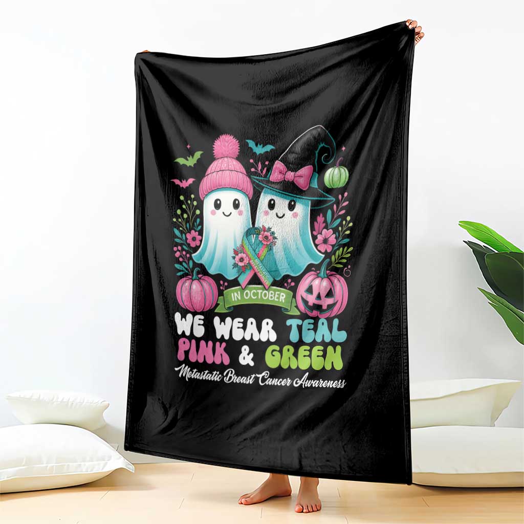 Metastatic Breast Cancer Awareness Ghost Throw Blanket Halloween Green Teal Pink Ribbon - Wonder Print Shop