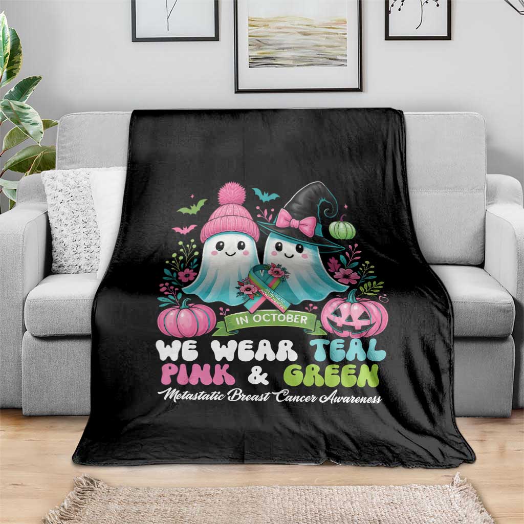 Metastatic Breast Cancer Awareness Ghost Throw Blanket Halloween Green Teal Pink Ribbon - Wonder Print Shop