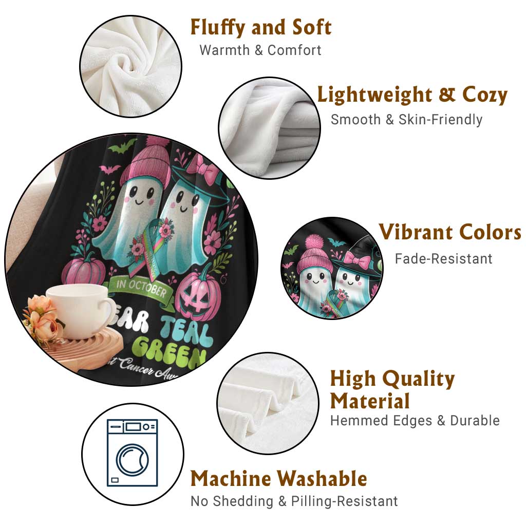 Metastatic Breast Cancer Awareness Ghost Throw Blanket Halloween Green Teal Pink Ribbon - Wonder Print Shop