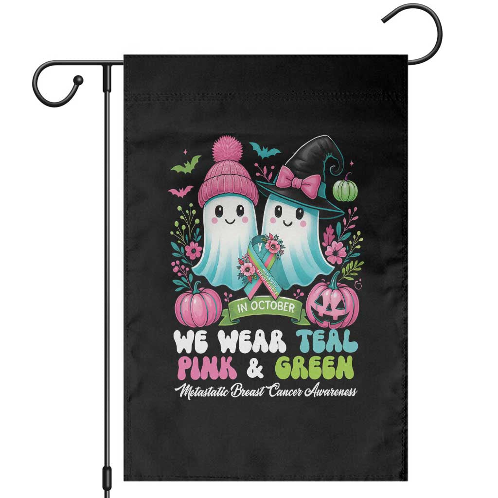 Metastatic Breast Cancer Awareness Ghost Garden Flag Halloween Green Teal Pink Ribbon - Wonder Print Shop