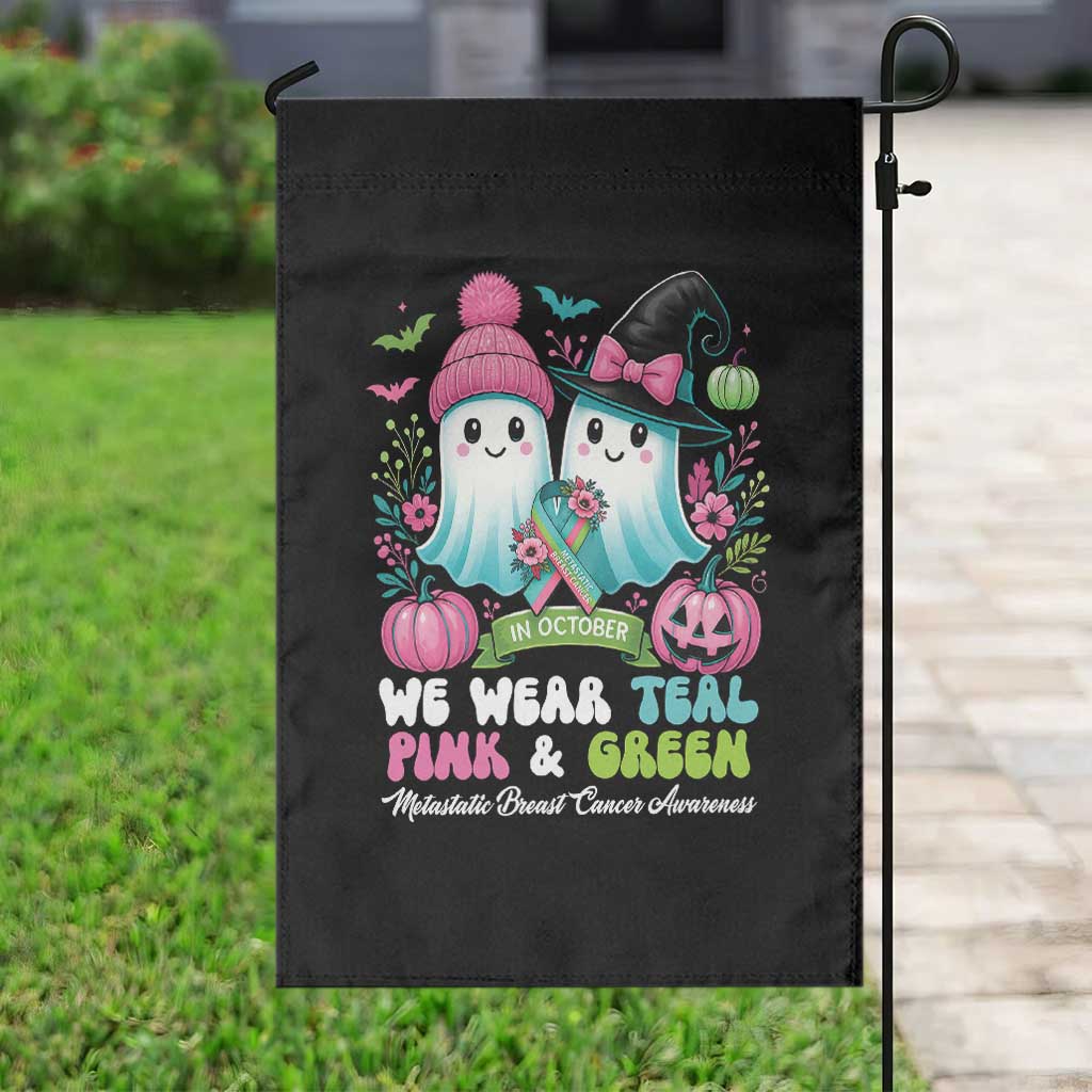 Metastatic Breast Cancer Awareness Ghost Garden Flag Halloween Green Teal Pink Ribbon - Wonder Print Shop