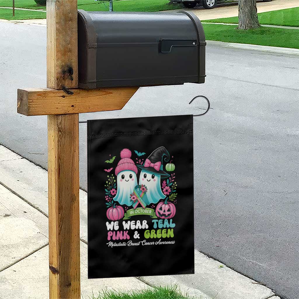 Metastatic Breast Cancer Awareness Ghost Garden Flag Halloween Green Teal Pink Ribbon - Wonder Print Shop