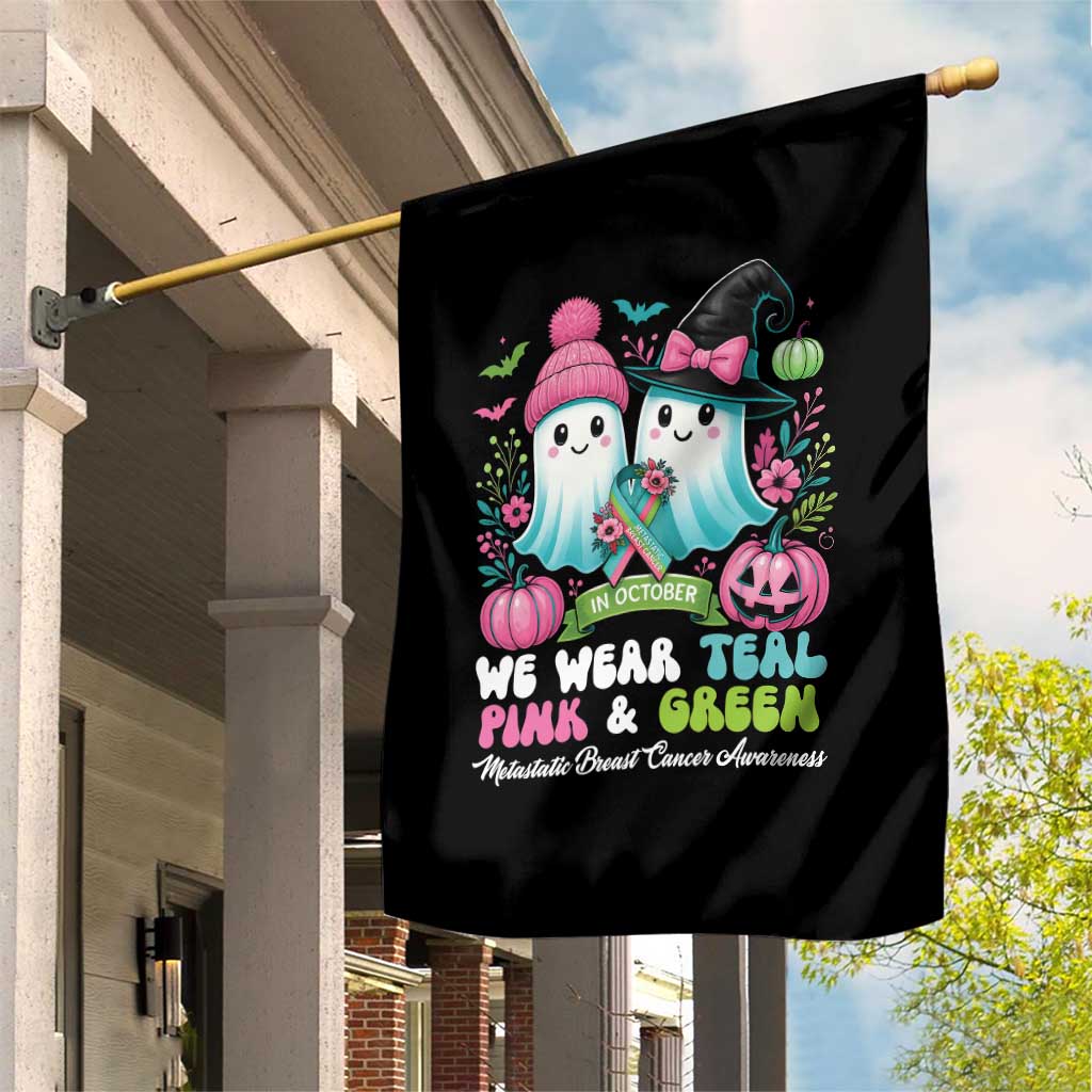 Metastatic Breast Cancer Awareness Ghost Garden Flag Halloween Green Teal Pink Ribbon - Wonder Print Shop