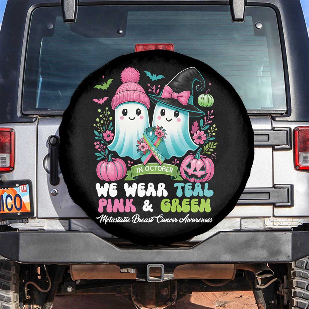 Metastatic Breast Cancer Awareness Ghost Spare Tire Cover Halloween Green Teal Pink Ribbon - Wonder Print Shop