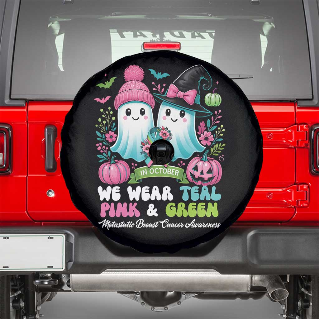 Metastatic Breast Cancer Awareness Ghost Spare Tire Cover Halloween Green Teal Pink Ribbon - Wonder Print Shop