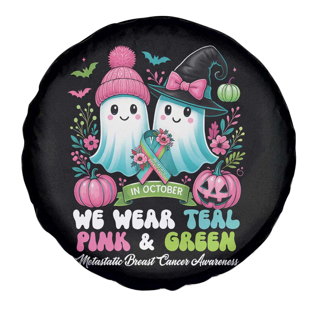 Metastatic Breast Cancer Awareness Ghost Spare Tire Cover Halloween Green Teal Pink Ribbon - Wonder Print Shop