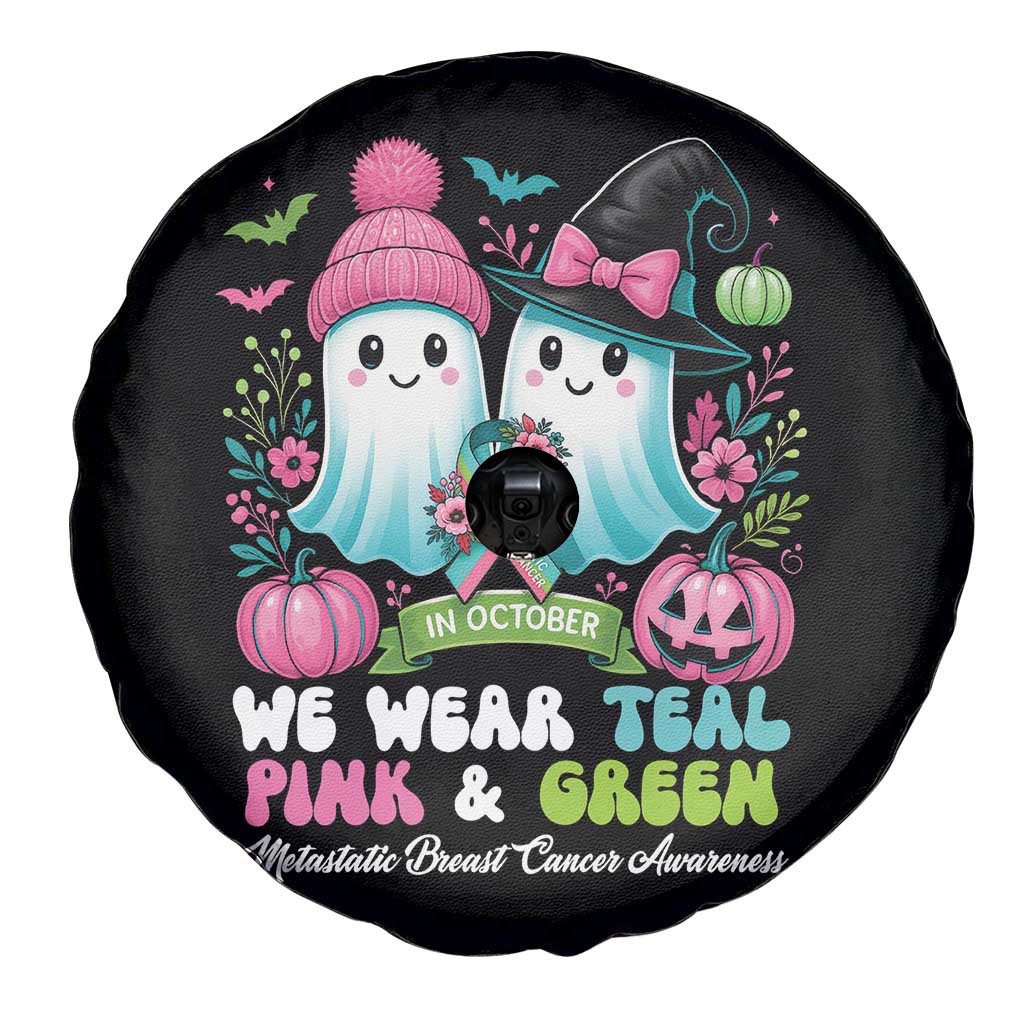 Metastatic Breast Cancer Awareness Ghost Spare Tire Cover Halloween Green Teal Pink Ribbon - Wonder Print Shop