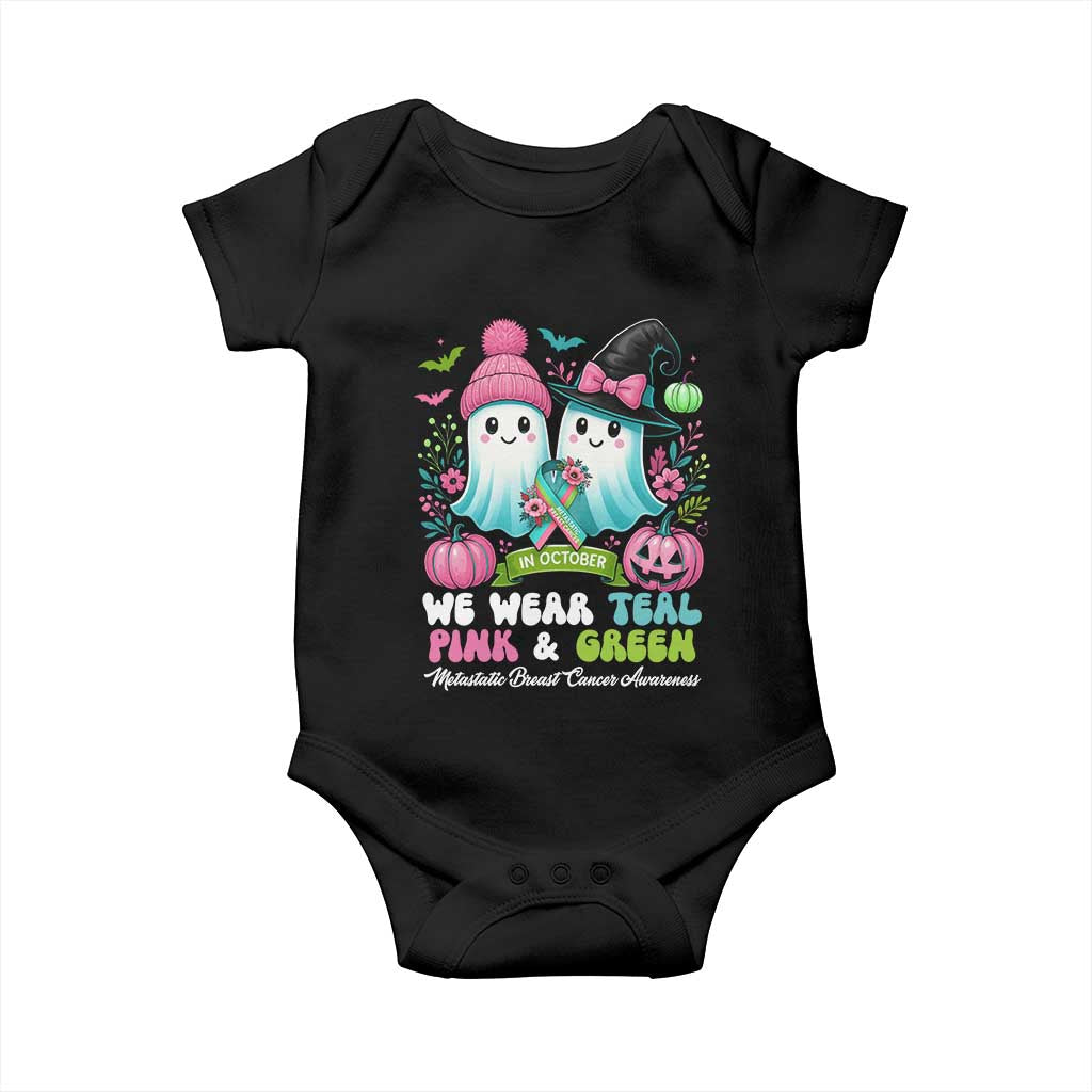 Metastatic Breast Cancer Awareness Ghost Baby Onesie Halloween Green Teal Pink Ribbon - Wonder Print Shop