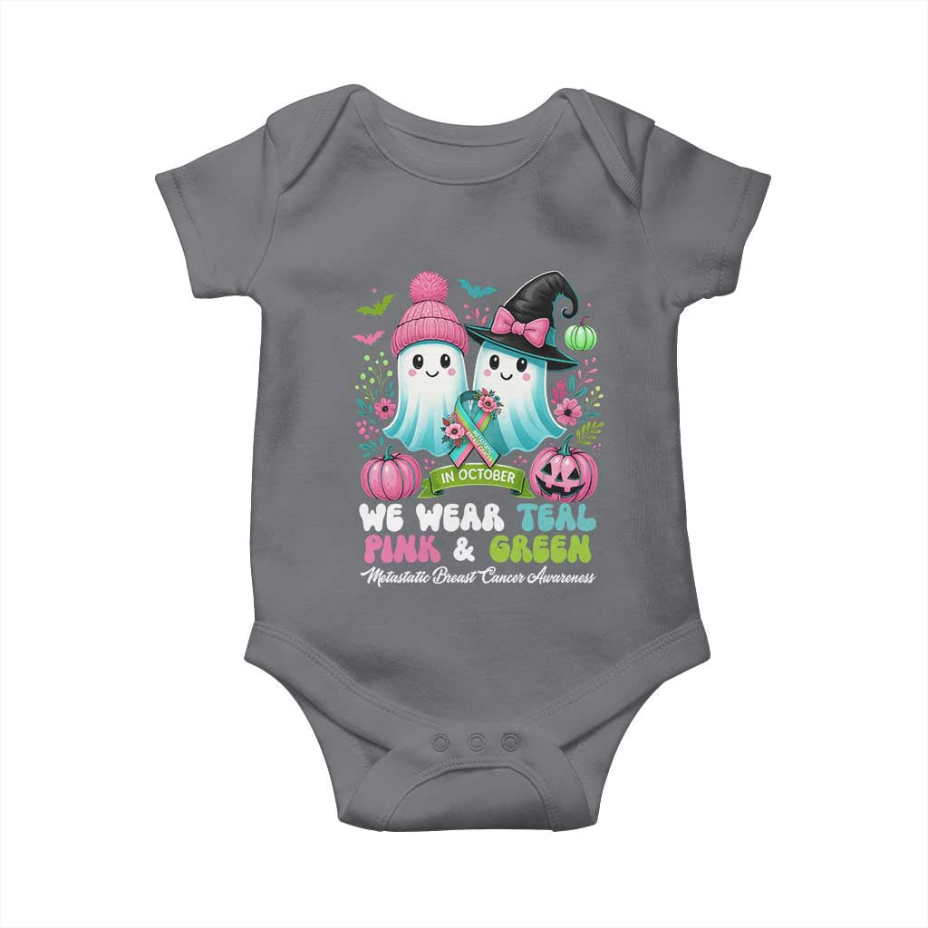 Metastatic Breast Cancer Awareness Ghost Baby Onesie Halloween Green Teal Pink Ribbon - Wonder Print Shop