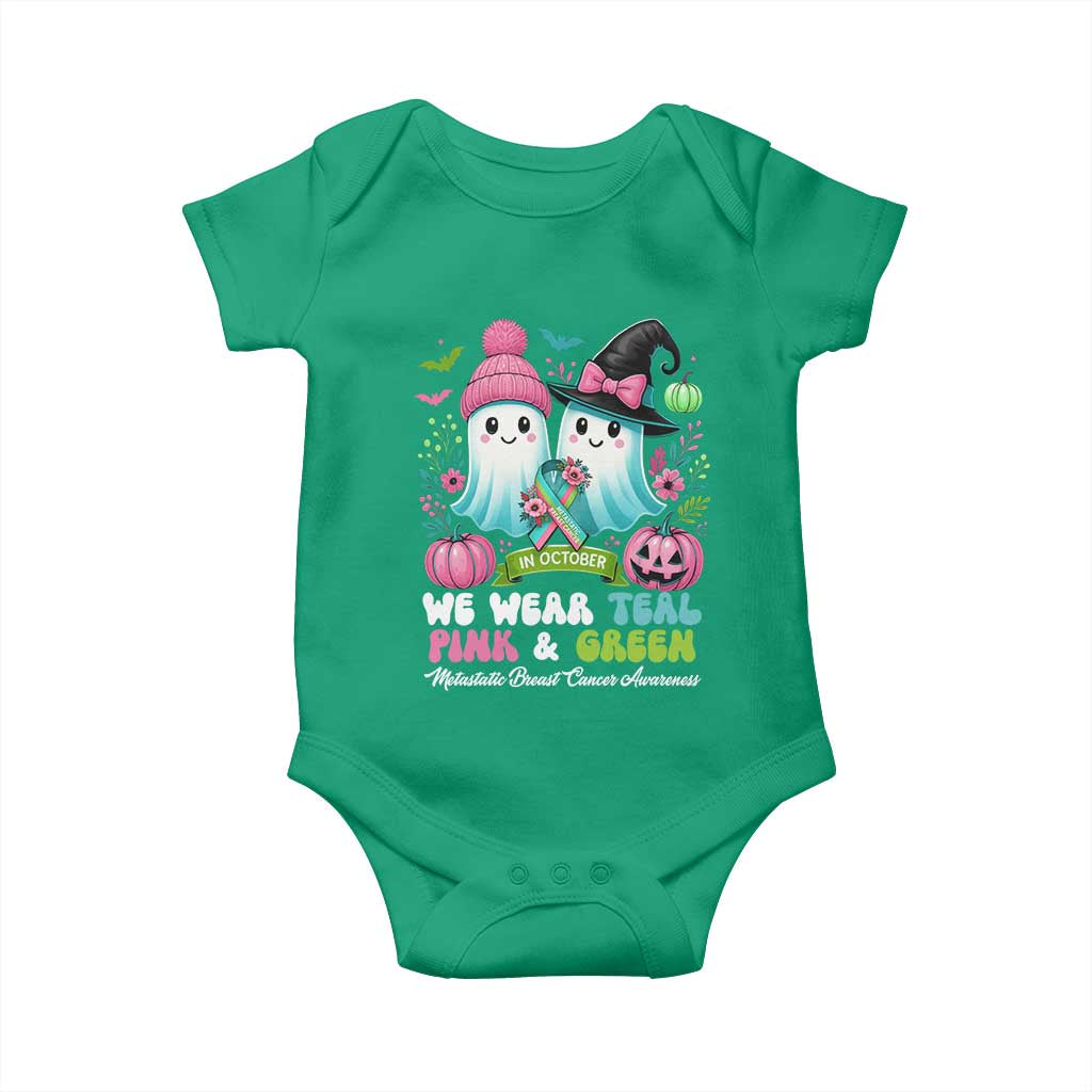 Metastatic Breast Cancer Awareness Ghost Baby Onesie Halloween Green Teal Pink Ribbon - Wonder Print Shop