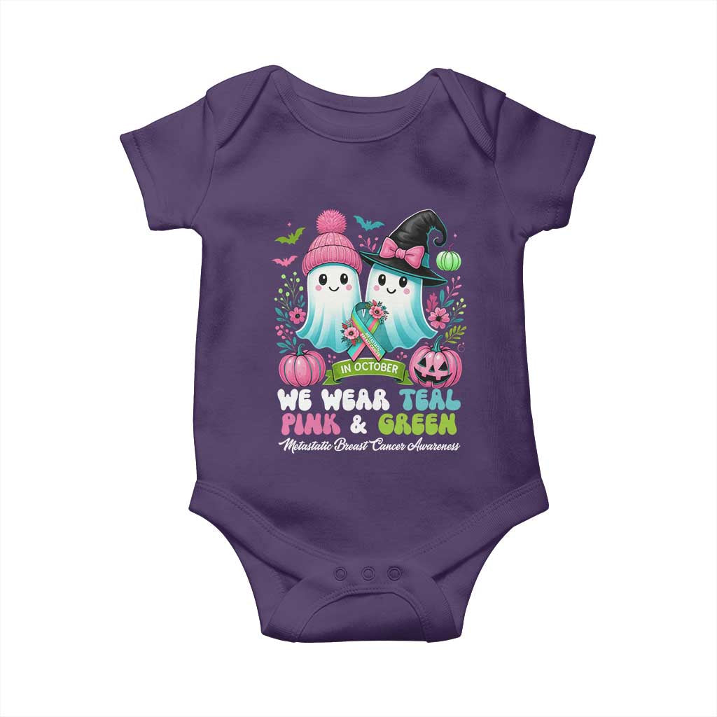 Metastatic Breast Cancer Awareness Ghost Baby Onesie Halloween Green Teal Pink Ribbon - Wonder Print Shop