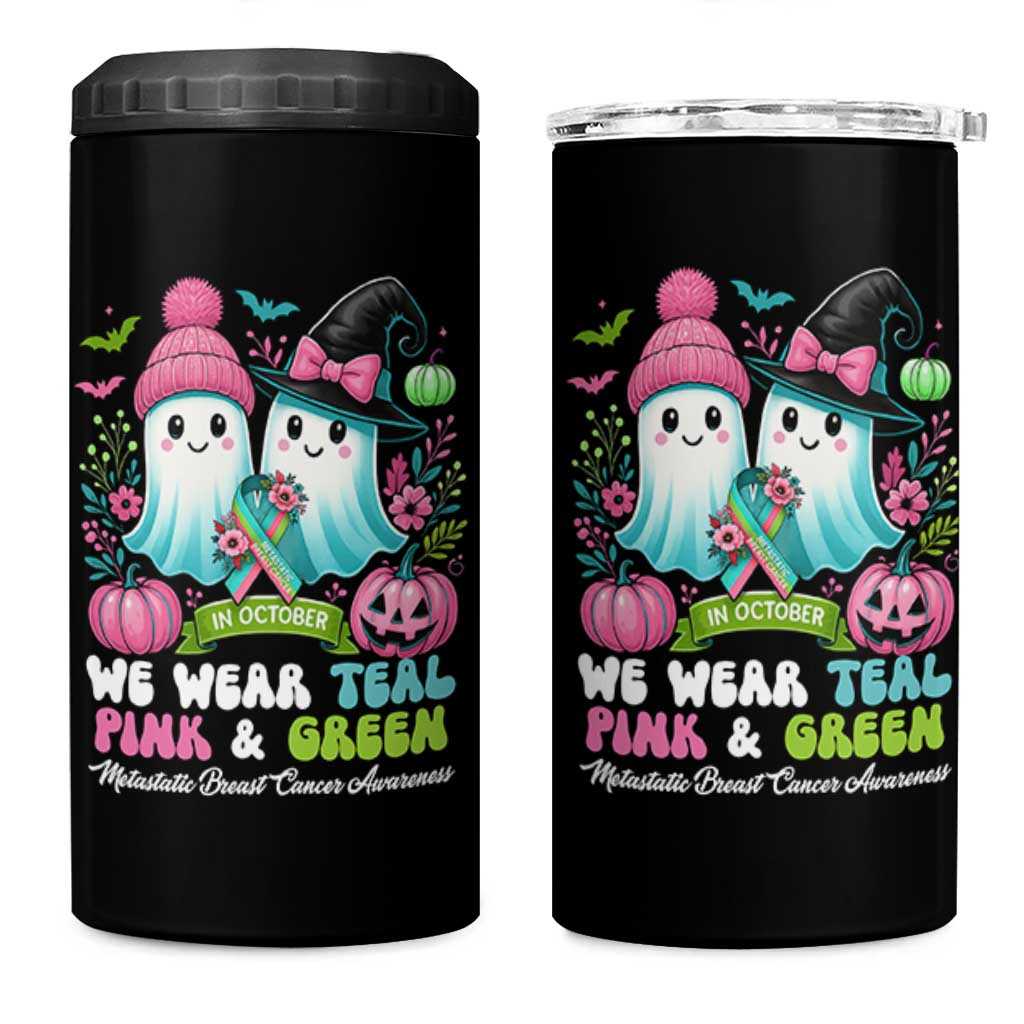 Metastatic Breast Cancer Awareness Ghost 4 in 1 Can Cooler Tumbler Halloween Green Teal Pink Ribbon - Wonder Print Shop