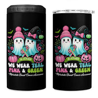 Metastatic Breast Cancer Awareness Ghost 4 in 1 Can Cooler Tumbler Halloween Green Teal Pink Ribbon - Wonder Print Shop