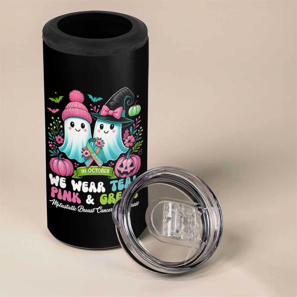Metastatic Breast Cancer Awareness Ghost 4 in 1 Can Cooler Tumbler Halloween Green Teal Pink Ribbon - Wonder Print Shop