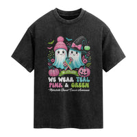 Metastatic Breast Cancer Awareness Ghost Washed Cotton T-Shirt Halloween Green Teal Pink Ribbon