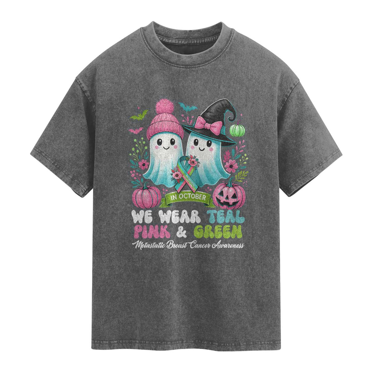 Metastatic Breast Cancer Awareness Ghost Washed Cotton T-Shirt Halloween Green Teal Pink Ribbon