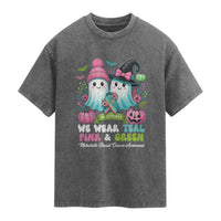 Metastatic Breast Cancer Awareness Ghost Washed Cotton T-Shirt Halloween Green Teal Pink Ribbon