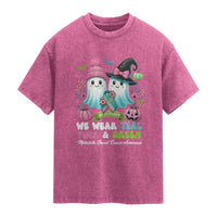 Metastatic Breast Cancer Awareness Ghost Washed Cotton T-Shirt Halloween Green Teal Pink Ribbon