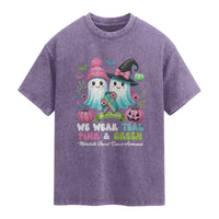 Metastatic Breast Cancer Awareness Ghost Washed Cotton T-Shirt Halloween Green Teal Pink Ribbon