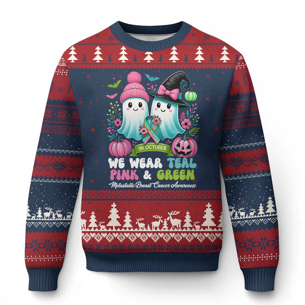 Metastatic Breast Cancer Awareness Ghost Ugly Christmas Sweater Halloween Green Teal Pink Ribbon - Wonder Print Shop