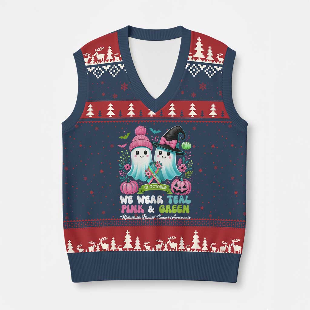 Metastatic Breast Cancer Awareness Ghost V-Neck Knit Sweater Vest Halloween Green Teal Pink Ribbon - Wonder Print Shop