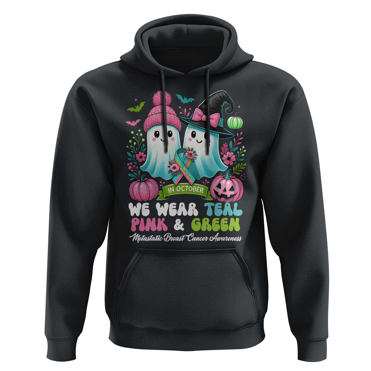 Metastatic Breast Cancer Awareness Ghost Hoodie Halloween Green Teal Pink Ribbon - Wonder Print Shop
