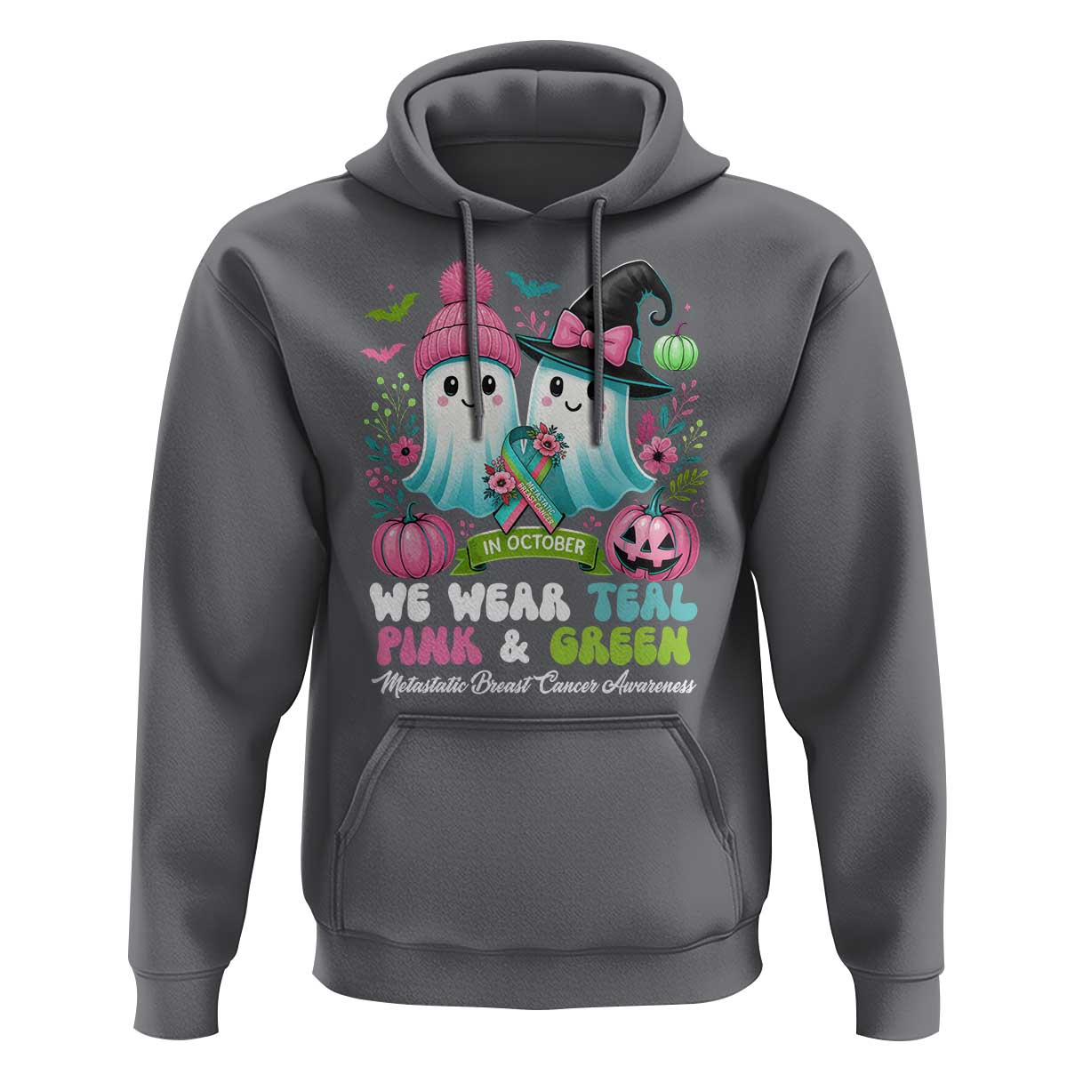 Metastatic Breast Cancer Awareness Ghost Hoodie Halloween Green Teal Pink Ribbon - Wonder Print Shop