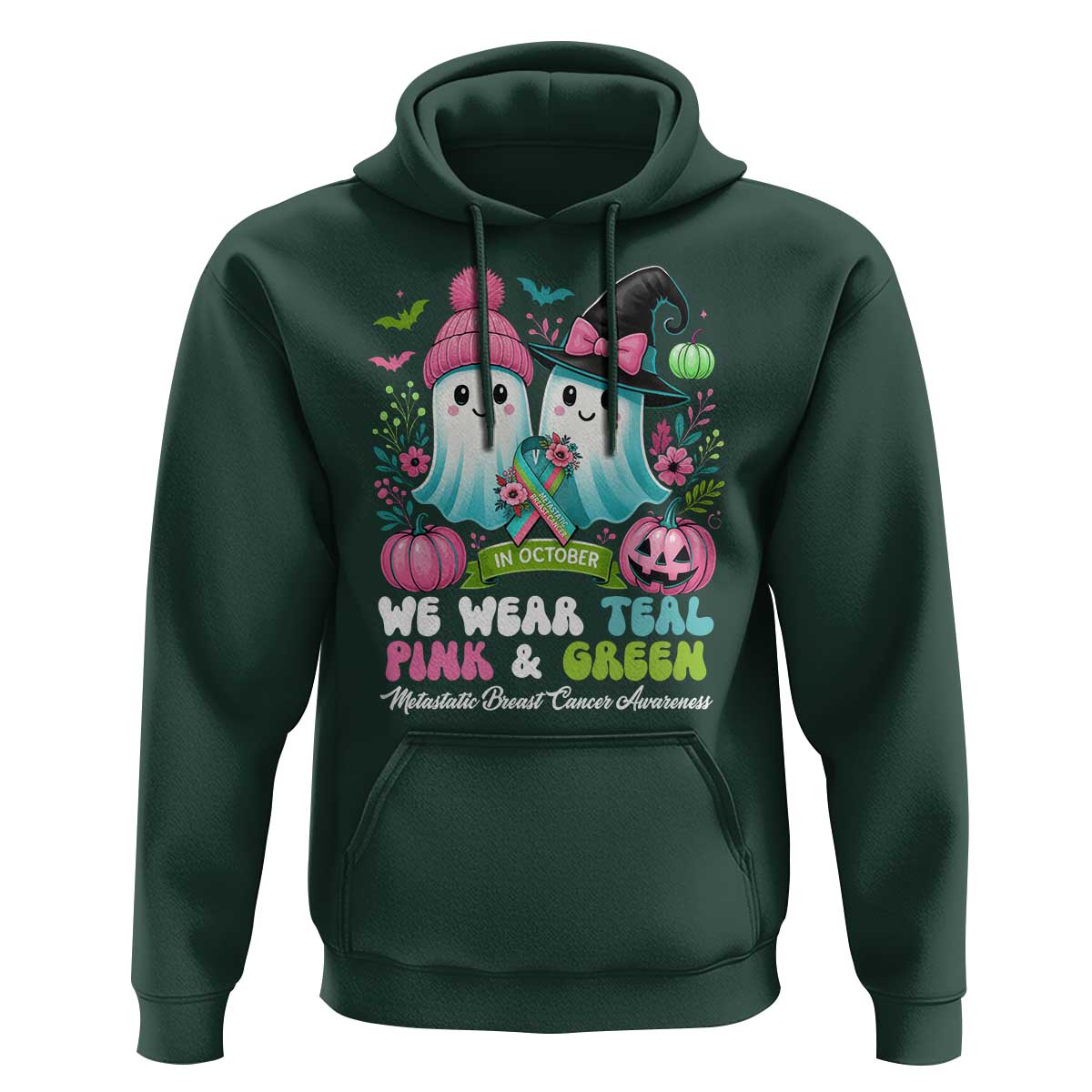 Metastatic Breast Cancer Awareness Ghost Hoodie Halloween Green Teal Pink Ribbon - Wonder Print Shop