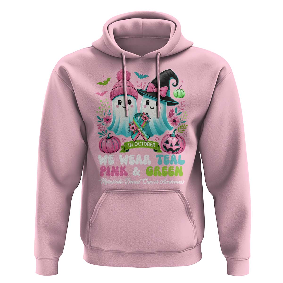 Metastatic Breast Cancer Awareness Ghost Hoodie Halloween Green Teal Pink Ribbon - Wonder Print Shop